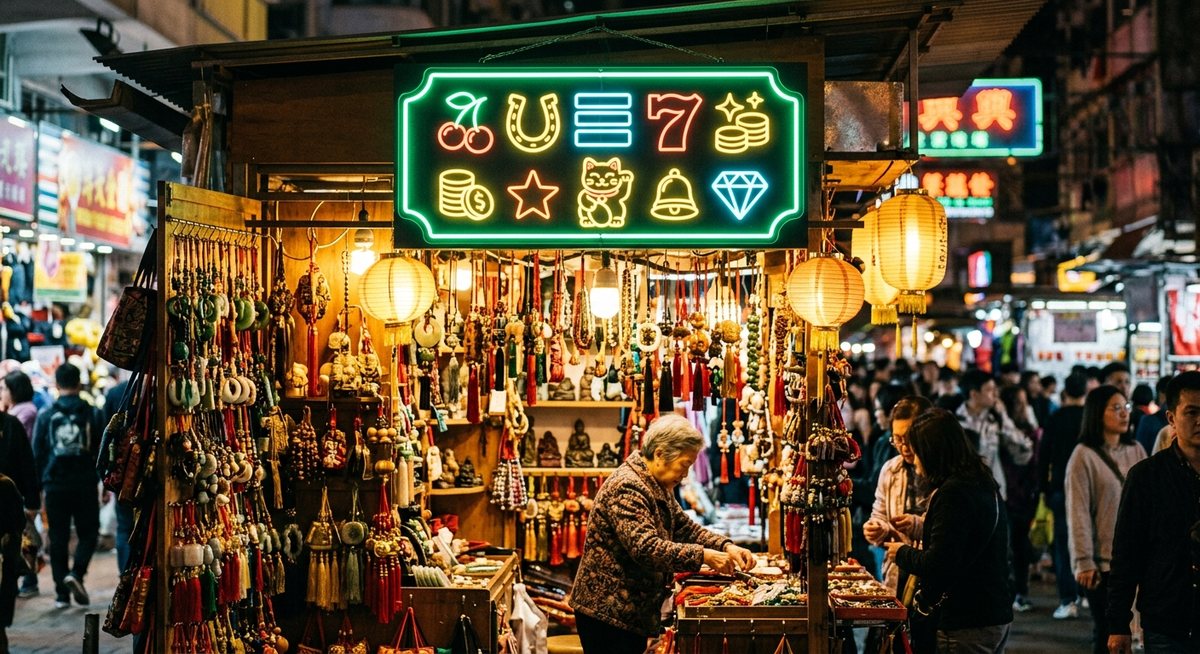 Kios malam dengan jimat bergantungan tersinari lampu emas dan papan neon hijau berlambang simbol mesin